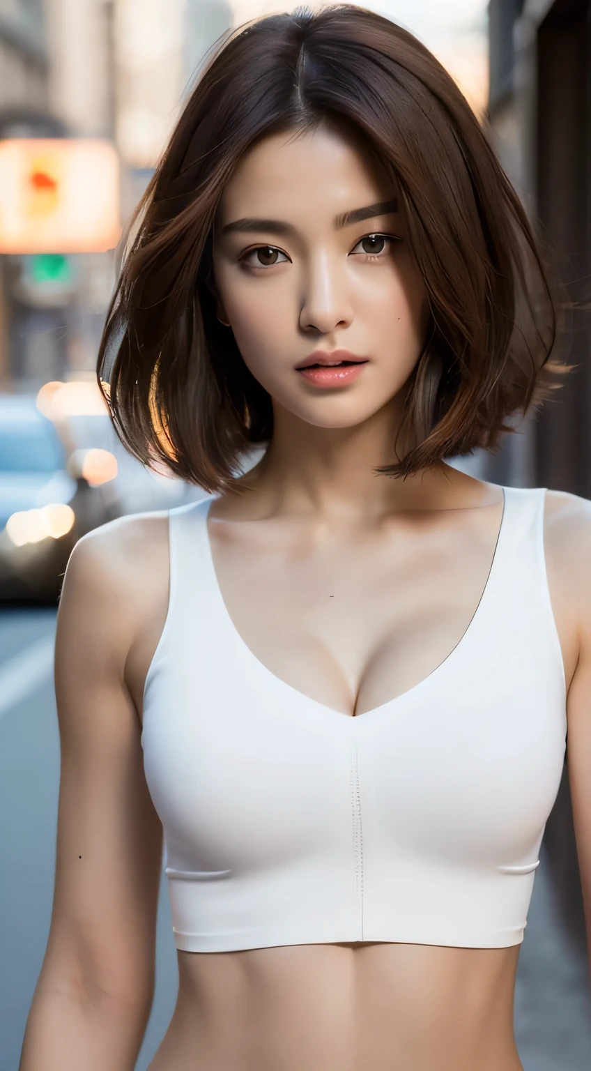 ((Realistic lighting, Best quality, 8K, Masterpiece: 1.3)), Clear focus: 1.2, 1girl, Perfect Figure: 1.4, Slim Abs: 1.1, ((Dark brown hair)), (White crop top: 1.4), (Outdoor, Night: 1.1), City streets, Super fine face, Fine eyes, Double eyelids, sfw, cleavage
