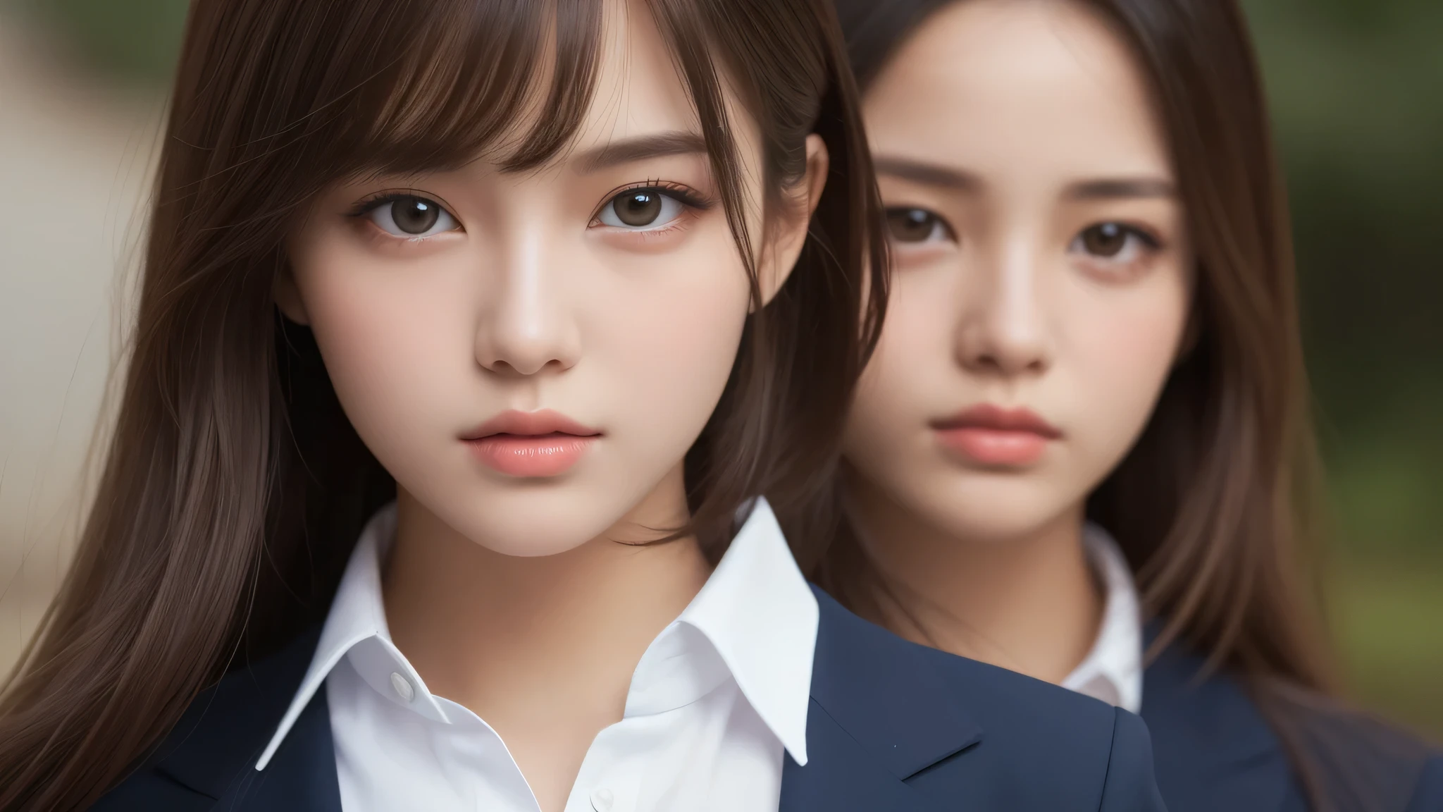 (2girl:1.3), (bob hair:1.2), (extremely detailed beautiful face), (highly detailed eyes, highly detailed face), (high school uniform), Fresh, very clean appearance, (best Quality:1.4), (hyper-realistic, hight resolution), Professional Photography, standing, Outdoors, Close up portrait of girl, staring at me, (Fine face:1.2), (big breasts:1.2),