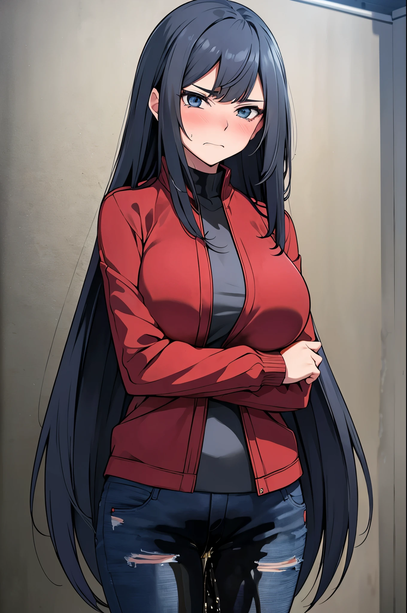 A woman with very long black hair and (very long bangs:1.5), wearing a stylish jacket and tight jeans, standing. The artwork is inspired by manga and incorporates a doujin style. The woman appears to be (wetting herself:1.5), which causes her to feel embarrassed and humiliated, resulting in a blush on her face. In addition, there is an air of anger in her expression. The lighting in the scene is moody, with a spotlight highlighting the woman's figure. She is crossing her arms, (arms crossed:1.5), fully showcasing her jeans., large breasts