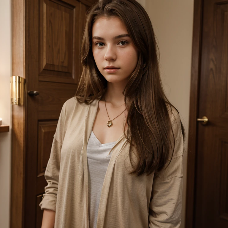 Full-length photograph of a 20-year-old Russian-looking girl with light brown hair, with one pendant in clothes