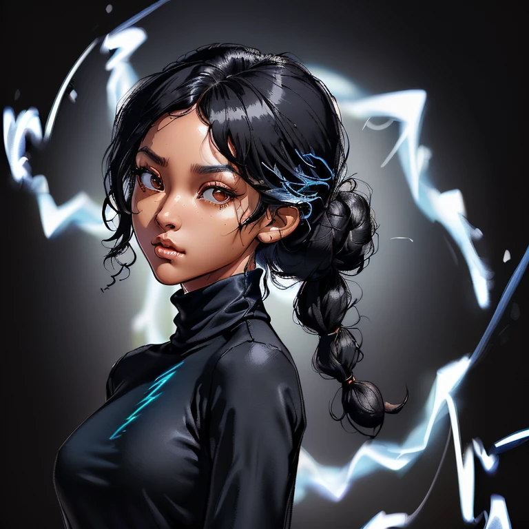 ((Black free fire game style female character)),((African- Asian)), ((With black curly hair tied up with some loose strands)), ((And a black long-sleeved blouse purchased turtleneck written Girl)),((She is facing the camera looking to the side, black background and blue lightning))