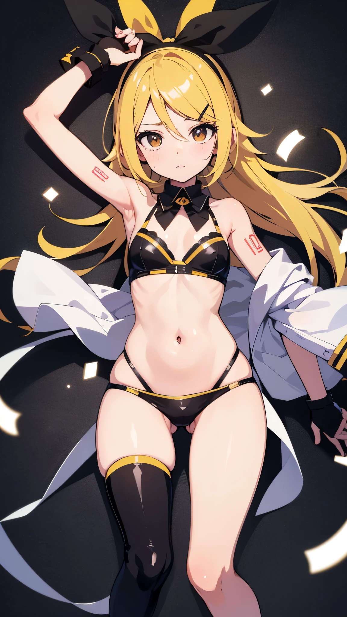 Kagamine rin , mini falda , bragas a la vista , rostro apenado , mejillas ruborizadas , viendo al espectador , imagen de cuerpo completo , (perfect body proportion)