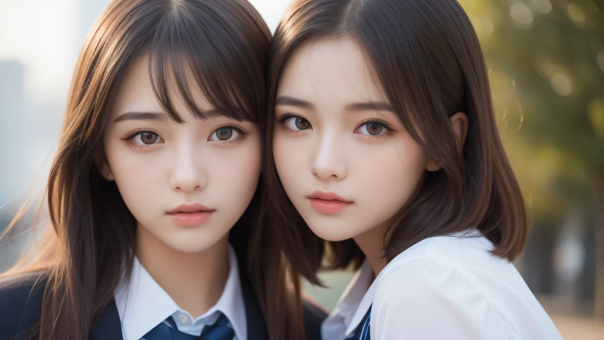 (2girl:1.3), (bob hair:1.2), (extremely detailed beautiful face), (highly detailed eyes, highly detailed face), (high school uniform), Fresh, very clean appearance, (best Quality:1.4), (hyper-realistic, hight resolution), Professional Photography, standing, Outdoors, Close up portrait of girl, staring at me, (Fine face:1.2), (big breasts:1.2), 