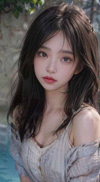 film portrait photography, 1girl, bare shoulders, wavy shoulder-length hair, serene, calm, (realistic detailed eyes, natural skin texture, realistic face details), soft dramatic lighting, depth of field, bokeh, vibrant details, finely detailed, hyperrealistic, 35mm film, hazy blur