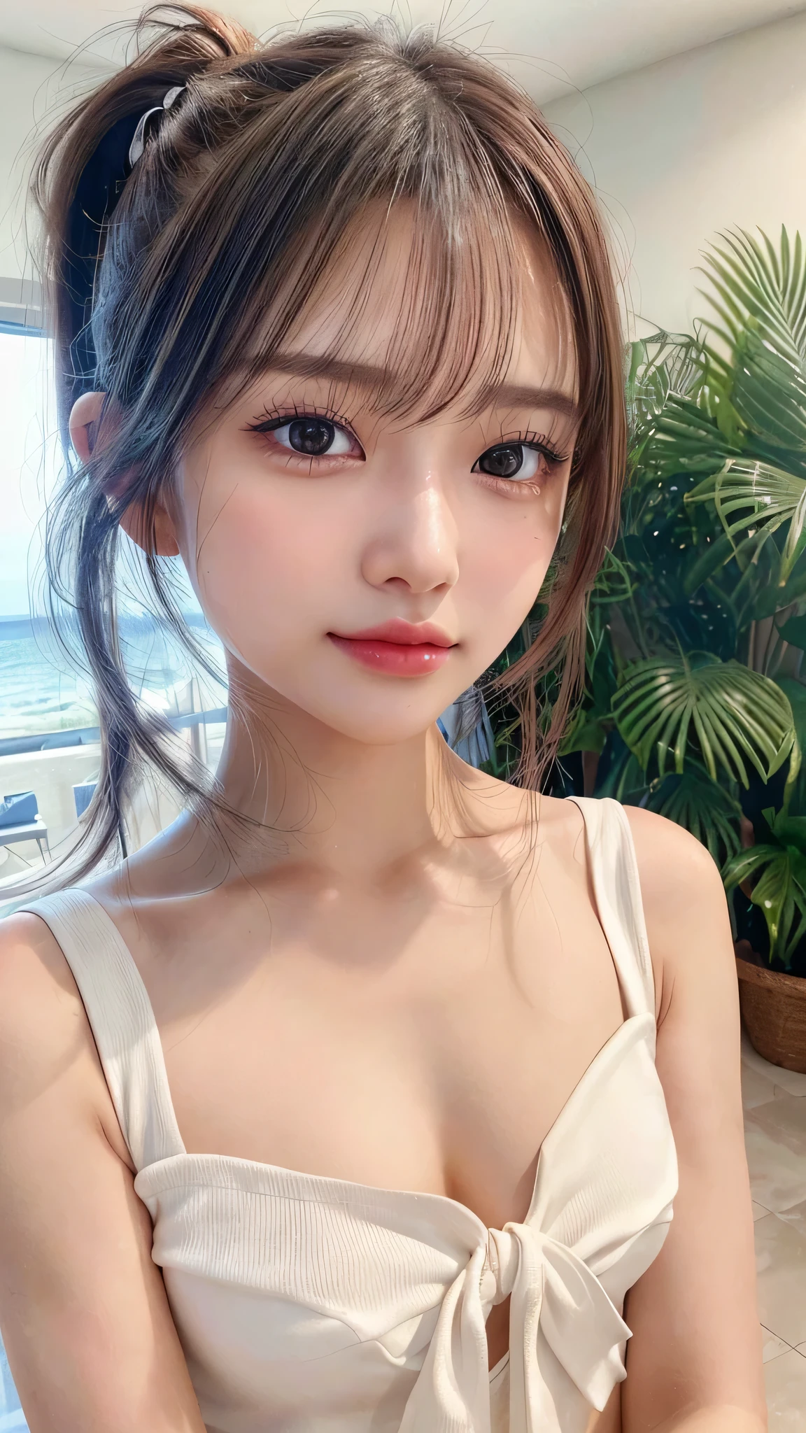 Beach,resort,Sexy White Bikini,Close-up of face,Blushing,Facing forward,Close-up of face,Small breasts,,Long hair ponytail,((8K, Raw photo, Best Quality, Mastepiece:1.2), (Realism, Photorealistic:1.4), (Highly detailed 8K wallpapers), Depth of written boundary, Cinematic Lighting, Soft Light, Detailed Beauty Eye,Shiny and smooth light brown ponytail, Asymmetrical bangs, Shiny skin, Ultra-detailed skins ,It is high resolution., High detail, Detailed hairstyle, Detailed facial beauty, Hyper-realistic, Perfect limbs, Perfect Anatomy ,1 Japanese girl,Famous Japanese Idols, Perfect female body,A shy smile,Short eyelashes,Double-edged eyelids,Look straight here,Hair style: ponytail,Close-up of face