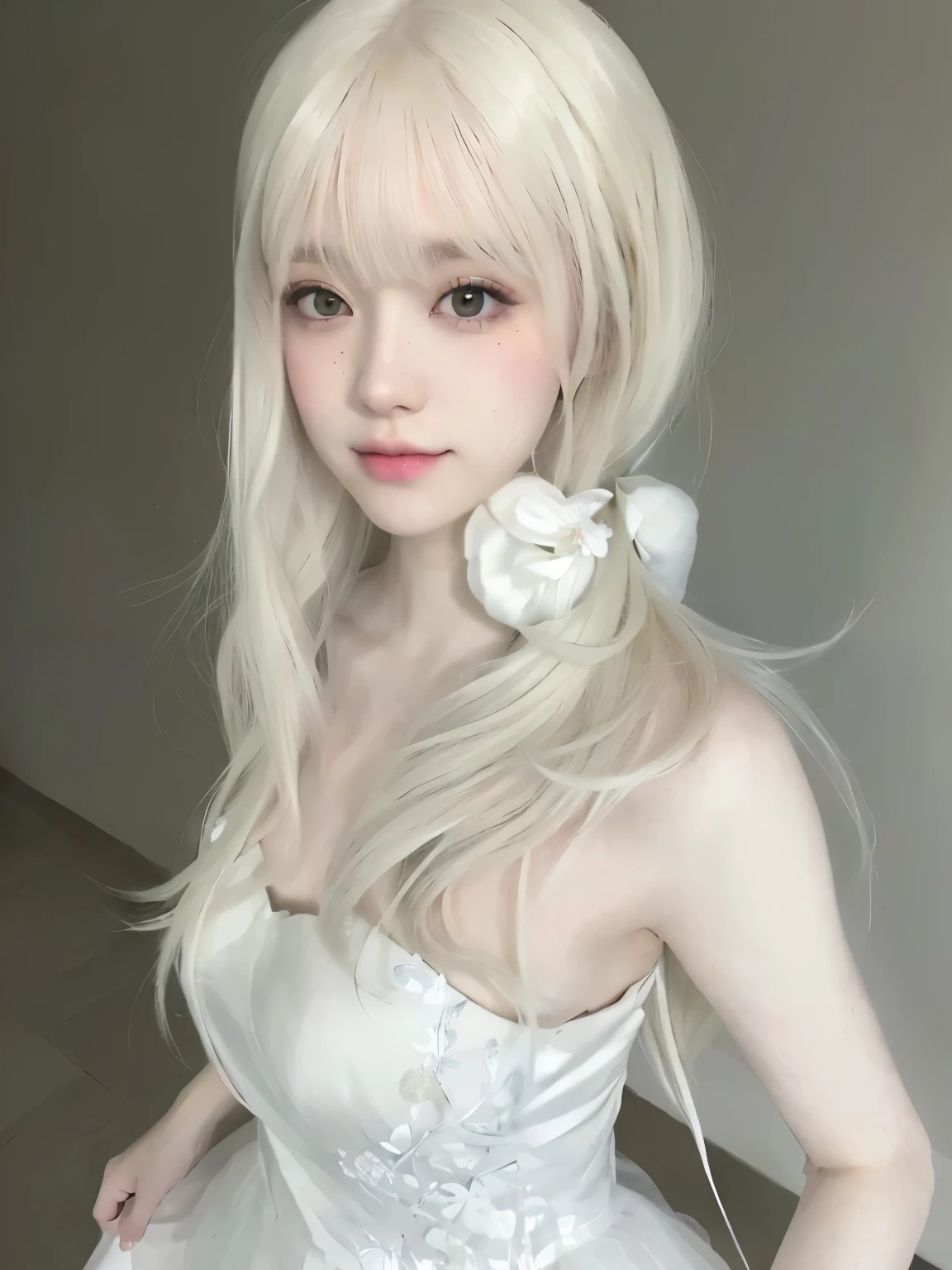 Chica de pelo rubio con vestido blanco (pechos grandes sobresalientes, redondos y parados) y flor en el pelo., peinado de corte hime blanco, chica anime en la vida real, pelo largo y blanco y flequillo, con el pelo largo y blanco, chica anime joven realista, chica anime cosplay, chica anime rubia con pelo largo, pale milky white porcelain skin, chica con pelo blanco, hermoso estilo anime, con pelo largo y blanco, anime realista, piel blanca de porcelana