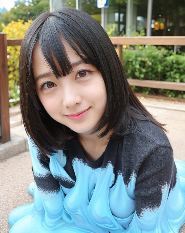 open your clothes,knitted sweater jacket,(Big boobs:1.2),cleveage,穿Black underwear,black slime shapeshifter,looking at the audience,Smile, Black underwear、cleveage,Long hair ,Pretty Face,cute appearance,confident girl,Slime with melted lower body,In the park,There are many maple leaves,autumn,Sitting
