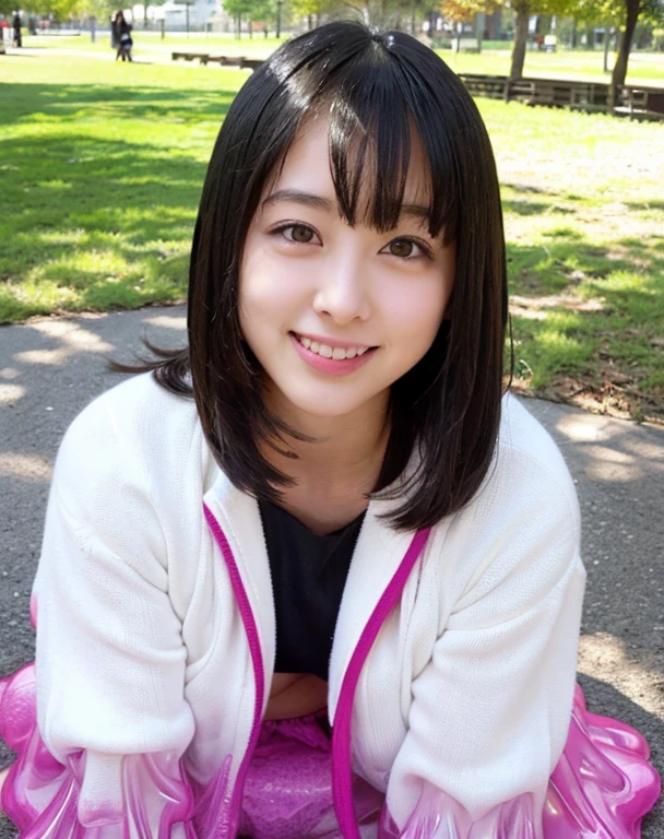 open your clothes,knitted sweater jacket,(Big boobs:1.2),cleveage,穿Black underwear,black slime shapeshifter,looking at the audience,Smile, Black underwear、cleveage,Long hair ,Pretty Face,cute appearance,confident girl,Slime with melted lower body,In the park,There are many maple leaves,autumn,Sitting