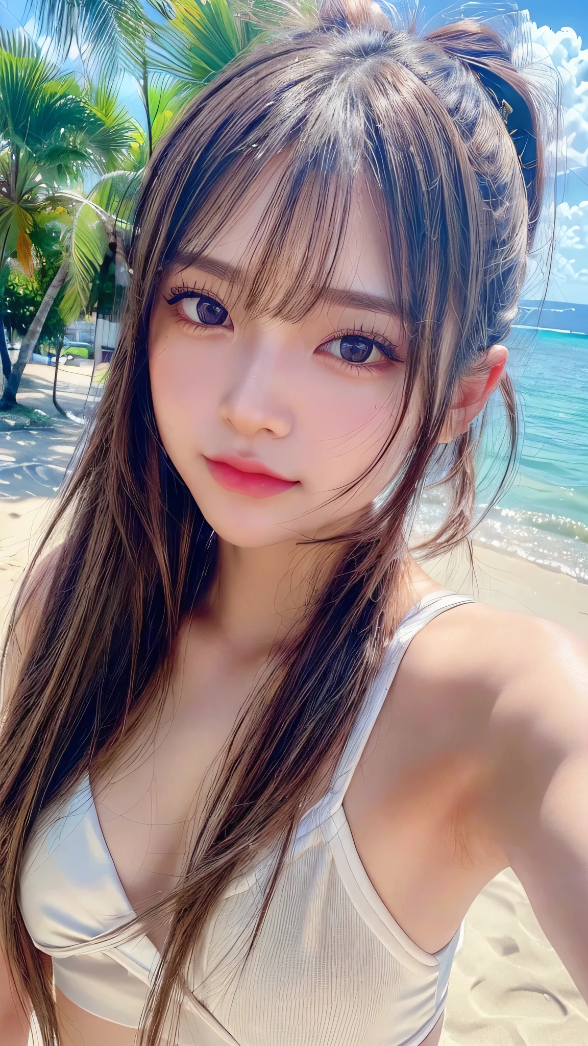 Beach,resort,Sexy White Bikini,Close-up of face,Blushing,Facing forward,Close-up of face,Small breasts,,Long hair ponytail,((8K, Raw photo, Best Quality, Mastepiece:1.2), (Realism, Photorealistic:1.4), (Highly detailed 8K wallpapers), Depth of written boundary, Cinematic Lighting, Soft Light, Detailed Beauty Eye,Shiny and smooth light brown ponytail, Asymmetrical bangs, Shiny skin, Ultra-detailed skins ,It is high resolution., High detail, Detailed hairstyle, Detailed facial beauty, Hyper-realistic, Perfect limbs, Perfect Anatomy ,1 Japanese girl,Famous Japanese Idols, Perfect female body,A shy smile,Short eyelashes,Double-edged eyelids,Look straight here,Hair style: ponytail,Close-up of face