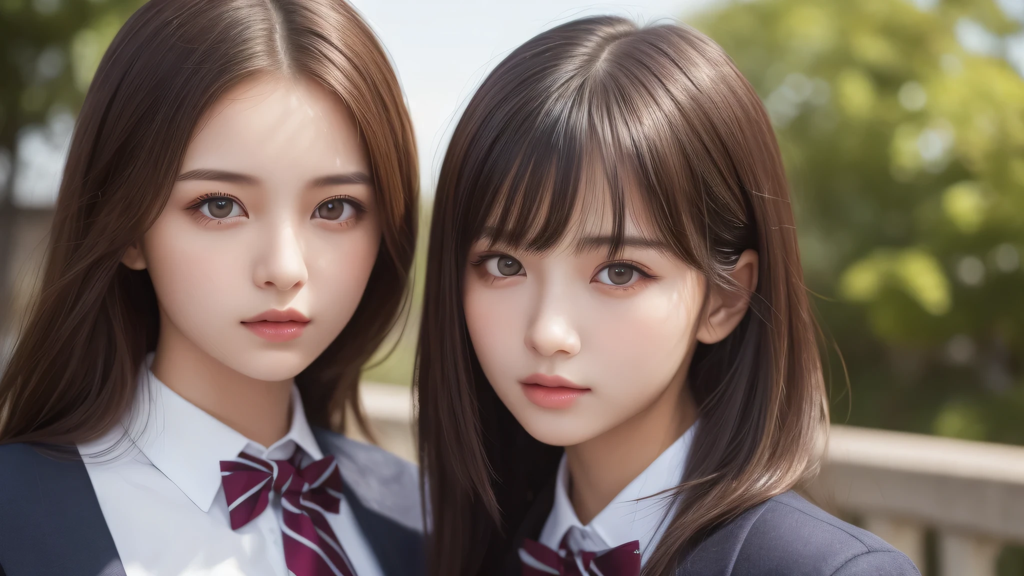 (2girl:1.3), (bob hair:1.2), (extremely detailed beautiful face), (highly detailed eyes, highly detailed face), (high school uniform), Fresh, very clean appearance, (best Quality:1.4), (hyper-realistic, hight resolution), Professional Photography, standing, Outdoors, Close up portrait of girl, staring at me, (Fine face:1.2), (big breasts:1.2),