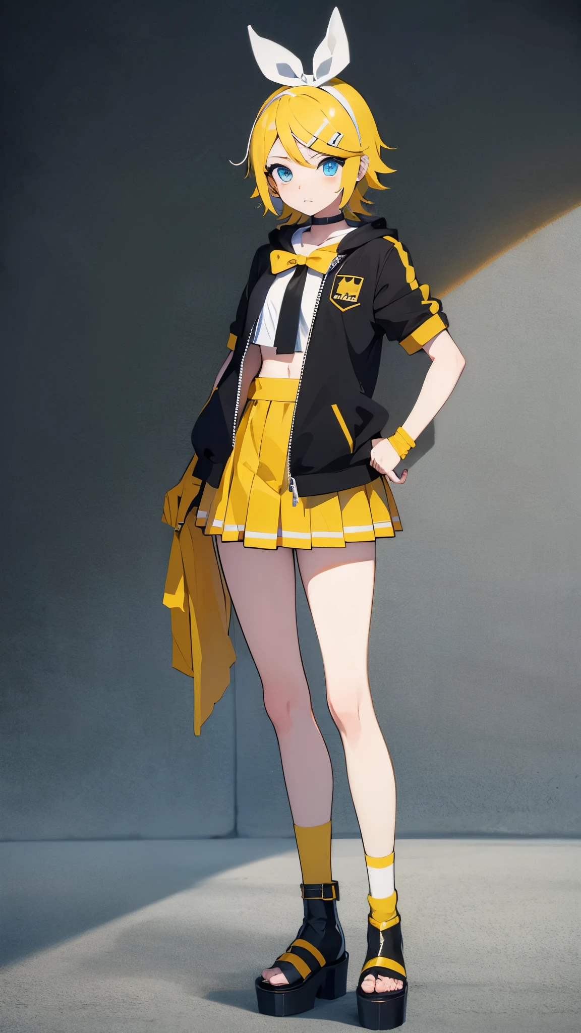 Kagamine rin , mini falda , bragas a la vista , rostro apenado , mejillas ruborizadas , viendo al espectador , imagen de cuerpo completo , (perfect body proportion)