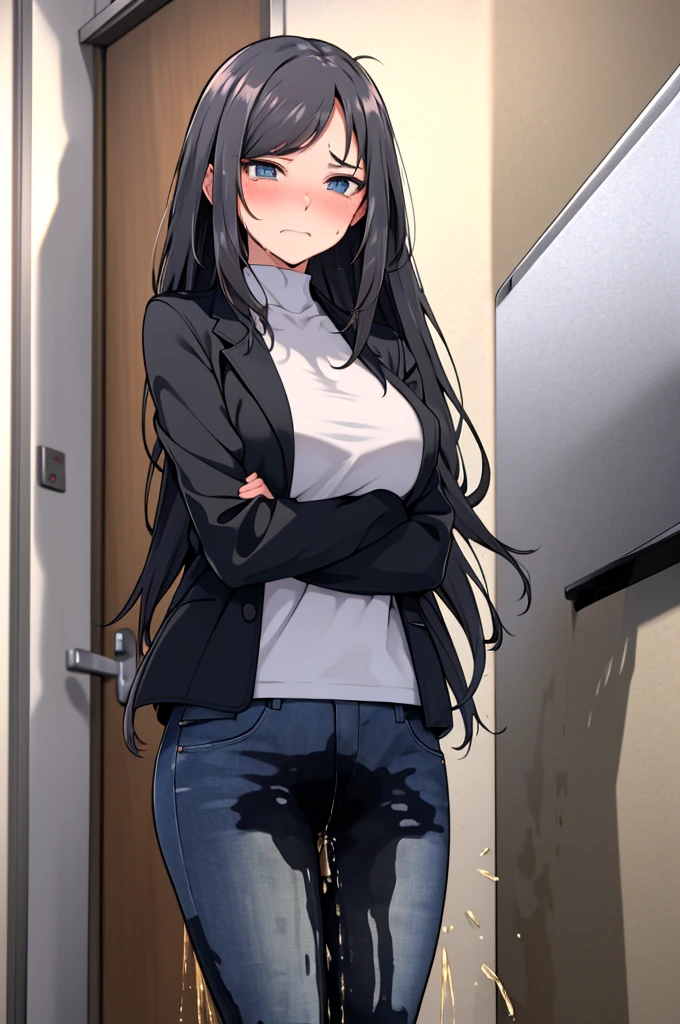 A woman with very long black hair and (very long bangs:1.5), wearing a stylish jacket and tight jeans, standing. The artwork is inspired by manga and incorporates a doujin style. The woman appears to be (wetting herself:1.5), which causes her to feel embarrassed and humiliated, resulting in a blush on her face. In addition, there is an air of anger in her expression. The lighting in the scene is moody, with a spotlight highlighting the woman's figure. She is crossing her arms, (arms crossed:1.5), fully showcasing her jeans., large breasts