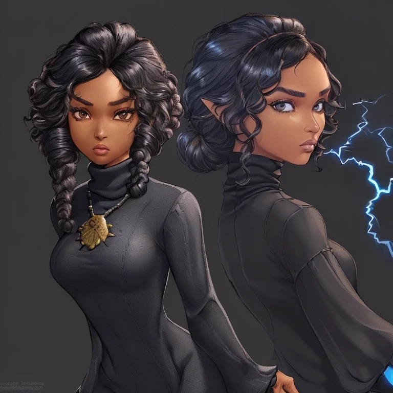 ((Black free fire game style female character)), ((arafed woman))((African-American Asian)), ((With black curly hair tied up with some loose strands)), ((And a black long-sleeved blouse purchased turtleneck written Girl)),((She is facing the camera looking to the side, black background and blue lightning))