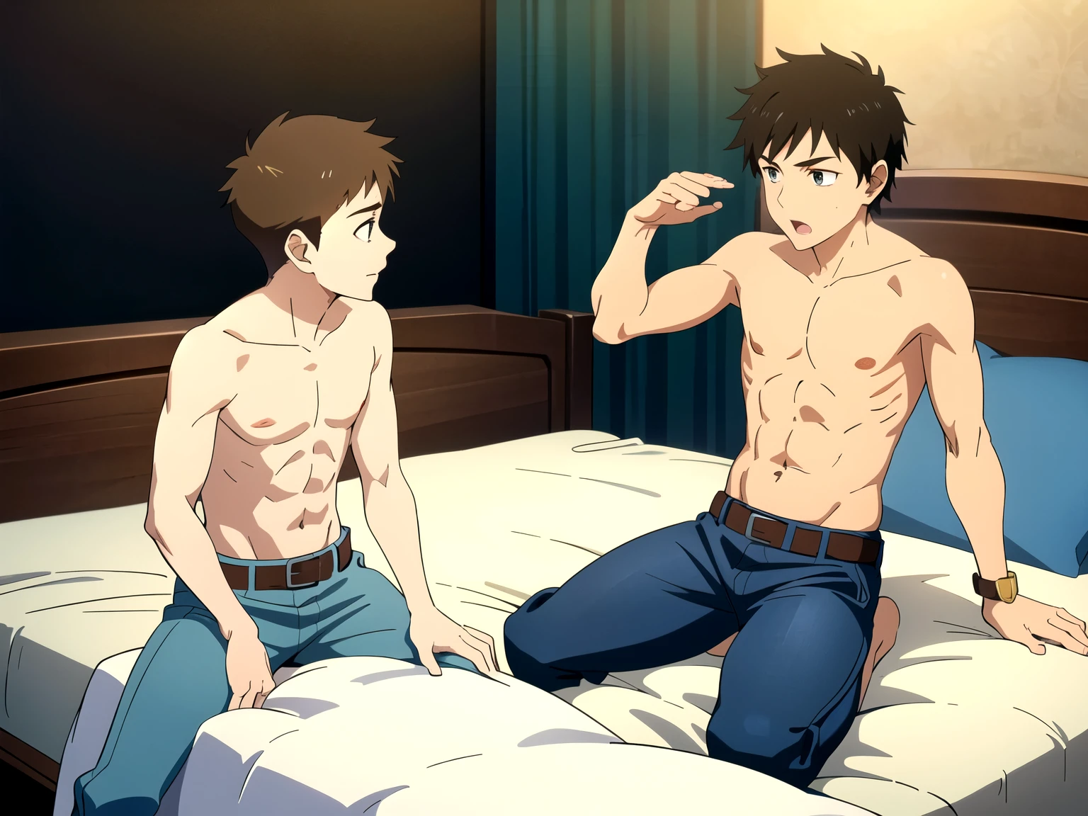 (muste piece), (best quality), 2 boys without clothes, gay boy relationship, s, armpit, (shirtless), hansome, jeans, belt, watch, on the bed