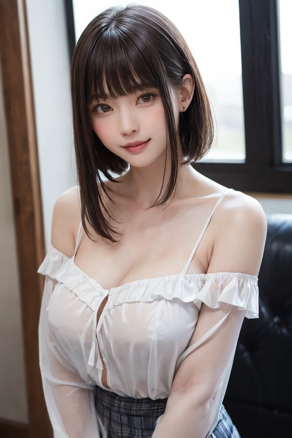 (table top:1.4、highest quality:1.4、best image quality:1.4、Beautiful adult woman full of charm with cute adult smile:1.4、beautiful teeth、lip gloss、brunette short bob hair、shiny and glossy hair、Has shiny bangs:1.4、bangs:1.4、short shiny hair with long locks,,,,,,、long neck:1.4、please show me your ears、tall supermodel、Supermodel with broad shoulders、{Huge|big|Huge|mega} chest, Beautiful chest have cleavage)、(cute high school girl、off-shoulder white see-through shirt、Short plaid see-through pleated skirt、28 years old)、Very cute and attractive woman