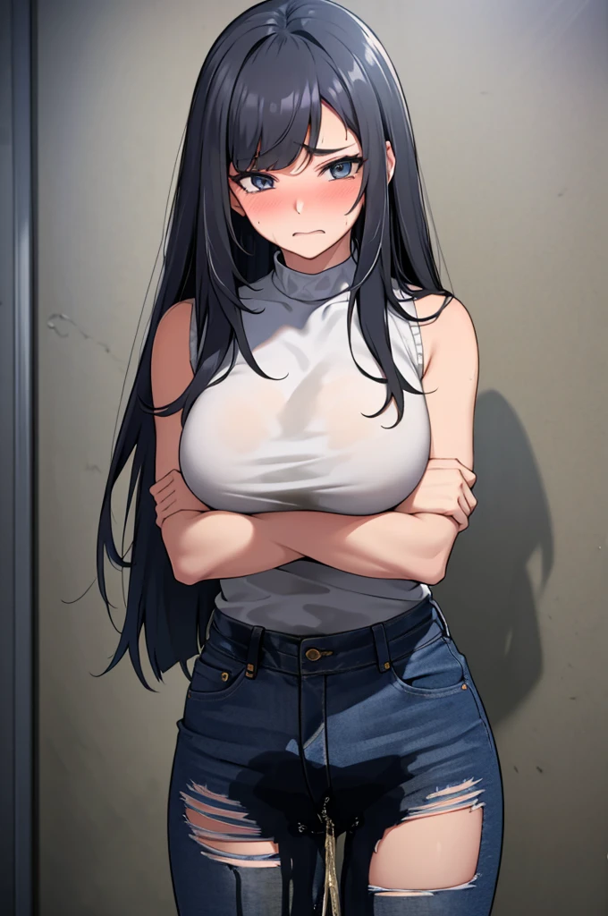 A woman with very long black hair and (very long bangs:1.5), wearing a stylish jacket and tight jeans, standing. The artwork is inspired by manga and incorporates a doujin style. The woman appears to be (wetting herself:1.5), which causes her to feel embarrassed and humiliated, resulting in a blush on her face. In addition, there is an air of anger in her expression. The lighting in the scene is moody, with a spotlight highlighting the woman's figure. She is crossing her arms, (arms crossed:1.5), fully showcasing her jeans., large breasts