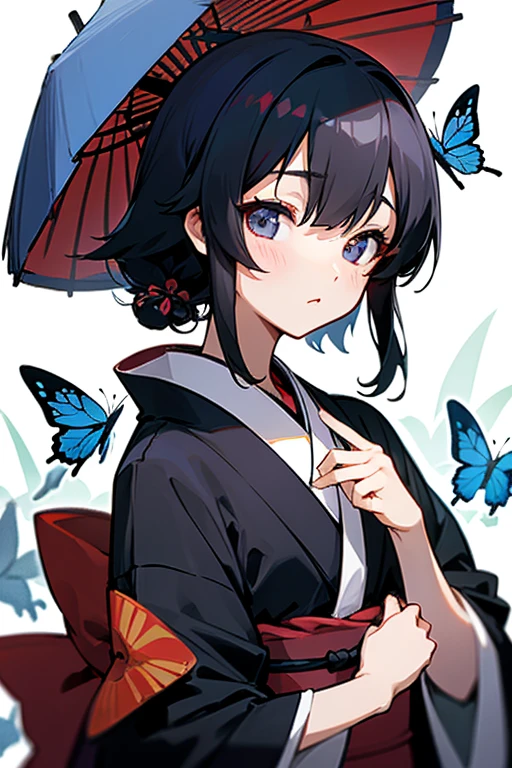 Black Hair、Up to the shoulders、short、kimono、Beauty、Japanese、Dignified、Mio、紫の紺のkimono、Blue Butterfly、Sharp、beautify your eyes、