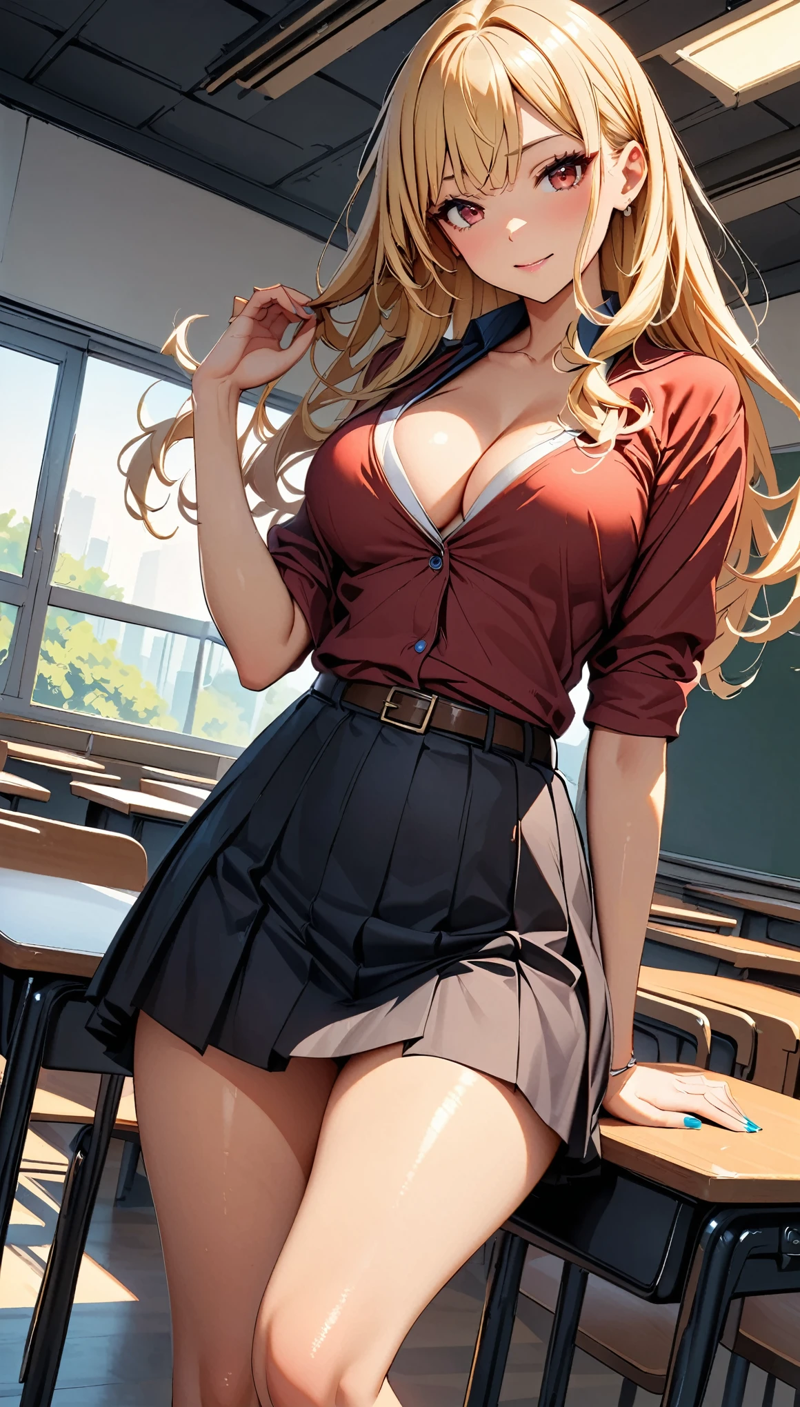(highest quality: 1.2, Highly detailed, Latest, Vibrant, Super detail, Ultra-high resolution, High contrast, masterpiece: 1.2, highest quality, Best aesthetics, aya:0.9), alone, (1 woman), /( teacher/ ), (teacher), long hair, blonde hair, (red eyes: 1.3), long hair with brown highlights, thighs, skirt, sexy, cleavage, painted nails, belt, thighs with tights, glasses, classroom, shake hands welcome, pink lips, heels, red dress, sexy thigh, detailed leg, dynamic angle, random pause, highly detailed face and skin texture, cowboy shot,
