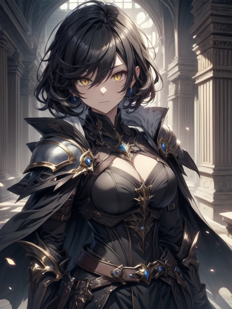 masterpiece, best quality, 1man, adult, male focus, solo, medium black hair, vibrant yellow eyes, gloves, hair between eyes, looking at viewer, cape, High quality metal texture, semi metal armor, closed mouth, black metallic gloves, upper body, bangs, high collar,(kbxll:0.6), Fantasy aesthetics, Highly detailed, shadowverse character concept, shadowverse style
