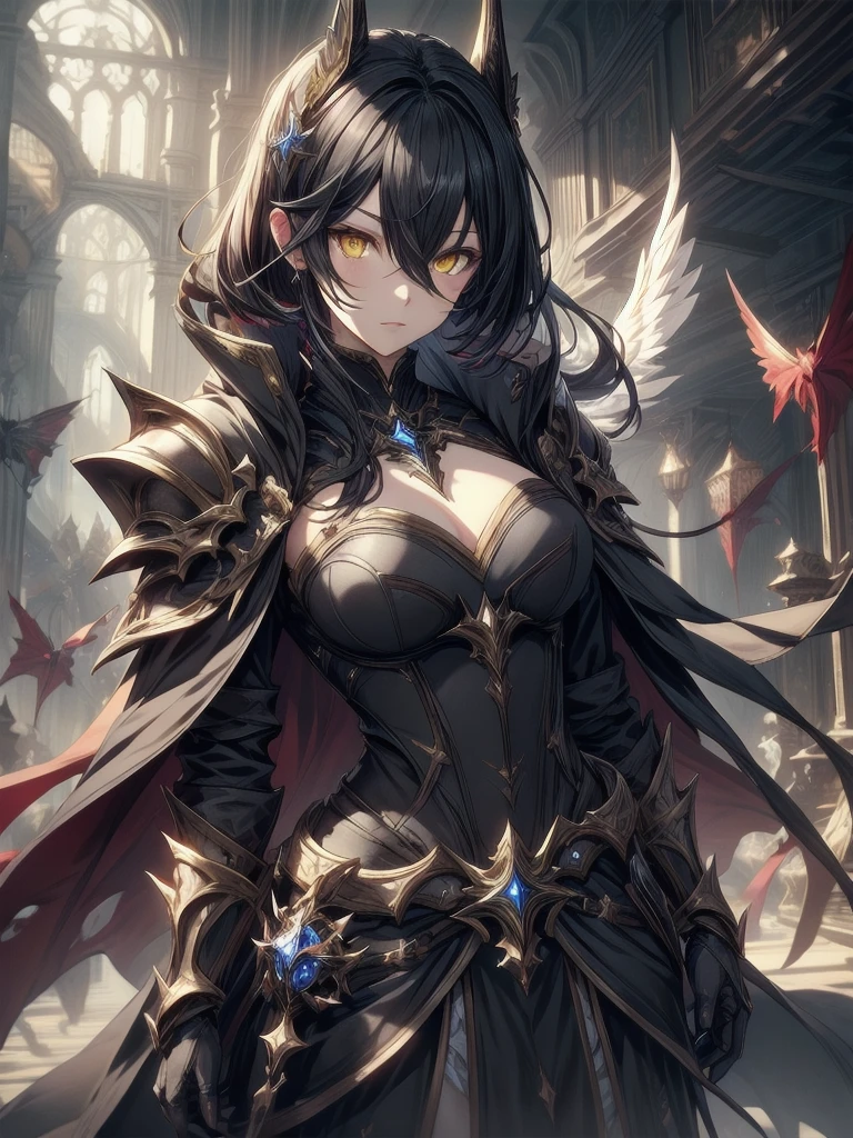masterpiece, best quality, 1man, adult, male focus, solo, medium black hair, vibrant yellow eyes, gloves, hair between eyes, looking at viewer, cape, High quality metal texture, semi metal armor, closed mouth, black metallic gloves, upper body, bangs, high collar,(kbxll:0.6), Fantasy aesthetics, Highly detailed, shadowverse character concept, shadowverse style