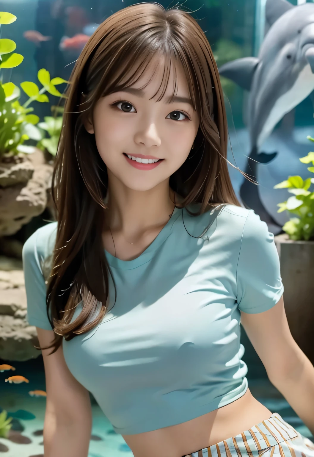 masterpiece, best quality:1.1), (8k, raw photo, photo realistic:1.2, f22), (shiny skin), detailed skin,long hair,detailed face, detailed eyes,smile,BREAK, real world, intricate details, smil, BREAK, 1girl,(Blue,Short sleeve,stripe pattern,skirt)BREAK, (Aquarium,Dolphin:1.4),