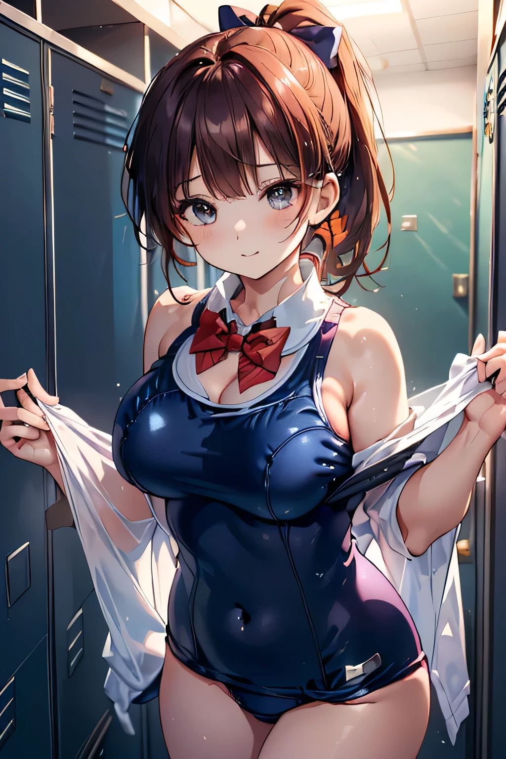 (((locker room:1.3))),(((Changing clothes in the changing room:1.3))),(((School uniforms hanging on hangers:1.3))),(((School Swimsuit:1.7)),(((Navy blue one piece swimsuit))),(Dark red bow tie:1.3),Cute face,Extreme close up of face,Shiny light brown and orange striped short hair,Messy ponytail,Cute Smile,Perfect round face,iris,(hairpin、ponytail、Floating Hair、),Large Breasts.Professional Lighting,Cinematic Light,(Tabletop,highest quality,Ultra-high resolution output images,) ,(8K quality,),(Ocean Art 2.0 Mode:1.3),(Picture Mode Ultra HD,)