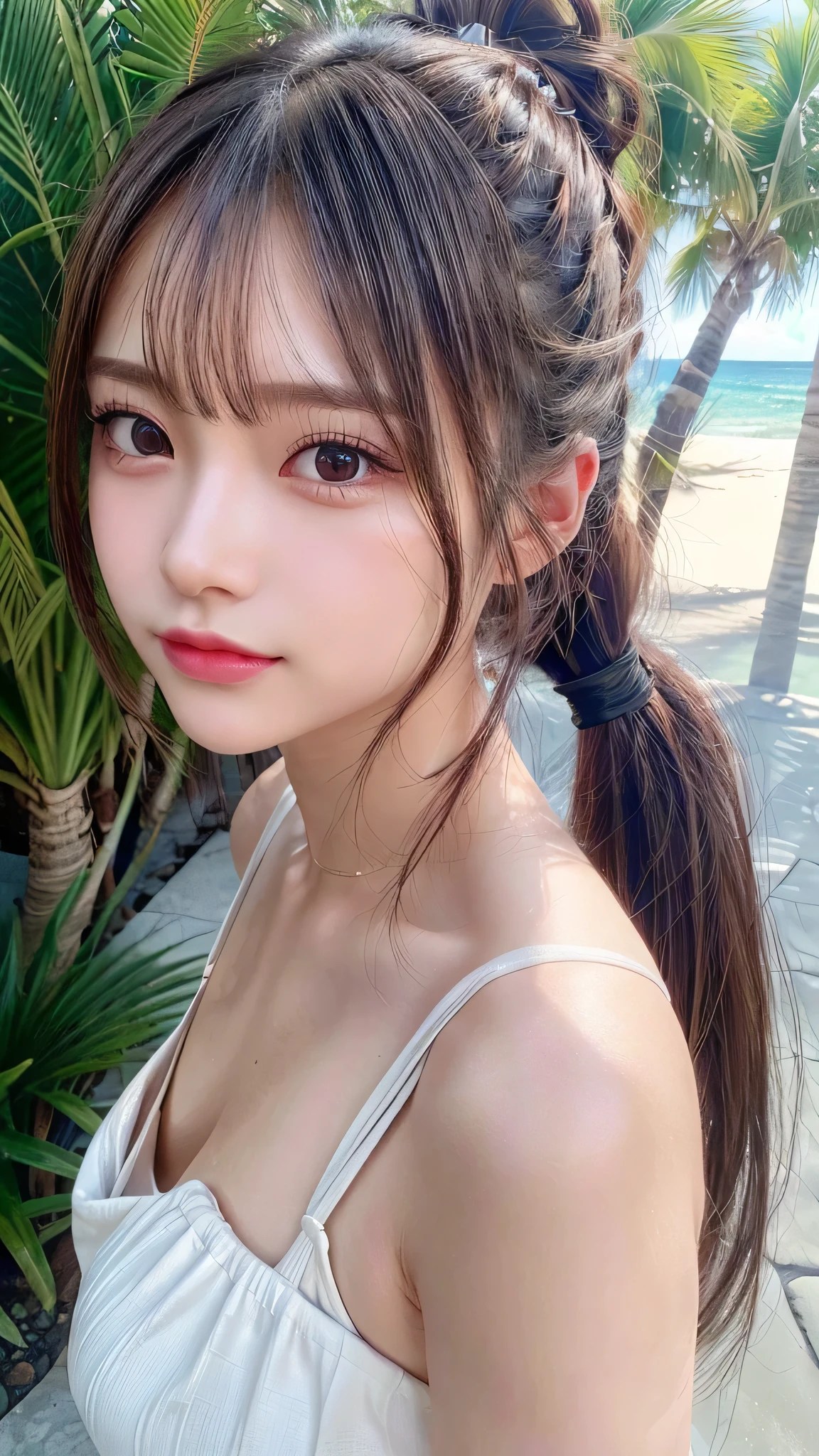 Beach,resort,Sexy White Bikini,Blushing,Facing forward,Close-up of face,Small breasts,,Long hair ponytail,((8K, Raw photo, Best Quality, Mastepiece:1.2), (Realism, Photorealistic:1.4), (Highly detailed 8K wallpapers), Depth of written boundary, Cinematic Lighting, Soft Light, Detailed Beauty Eye,Shiny and smooth light brown ponytail, Asymmetrical bangs, Shiny skin, Ultra-detailed skins ,It is high resolution., High detail, Detailed hairstyle, Detailed facial beauty, Hyper-realistic, Perfect limbs, Perfect Anatomy ,1 Japanese girl,Famous Japanese Idols, Perfect female body,A shy smile,Short eyelashes,Double-edged eyelids,Look straight here,Hair style: ponytail,Close-up of face