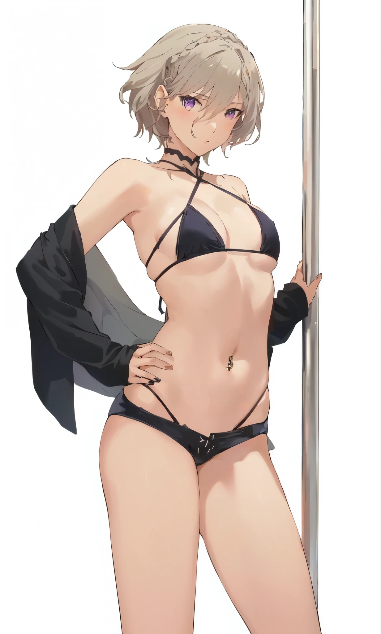 Emilia re:zero, purple eyes, Emilia, crown braid, x hair ornament, flower hair ornament, white hair, long hair, medium breasts, belly piercing, naval piercing, anime girl in a bikini posing next to a pole, seductive anime girl, realistic bikini, attire: bikini, 2b, 2 b, black bikini, makoto shinka, from girls frontline, smooth anime cg art, 2b nier automata, female anime character, fine details. girls frontline, anime full body illustration, at pixiv, makoto