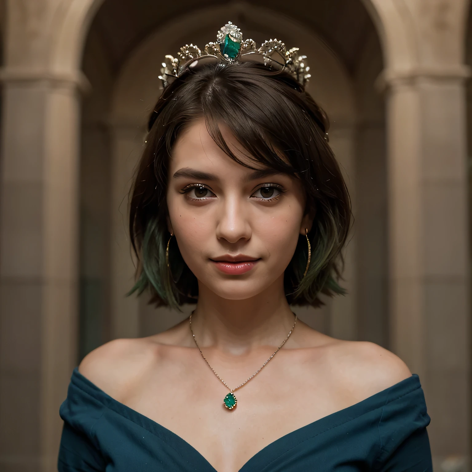 1girls, Nur, green Hair , 24 years old , medieval, portrait photo of a 24-year-old princess in a blue dress, emerald diamond necklaces, earrings and jewellery, intricate details, short hair, her hair should be at shoulder level and slightly above her shoulder, the ends of her hair will be green, especially green, an elegant thin small crown of diamonds on her head.Best Quality, 8K, Masterpiece:1.3)), Focus: 1.2, Perfect Body Beauty: 1.4, Hips: 1.2, , High Detail Facial and Skin Texture, Thin Eyes, Double Eyelids, , Smile,