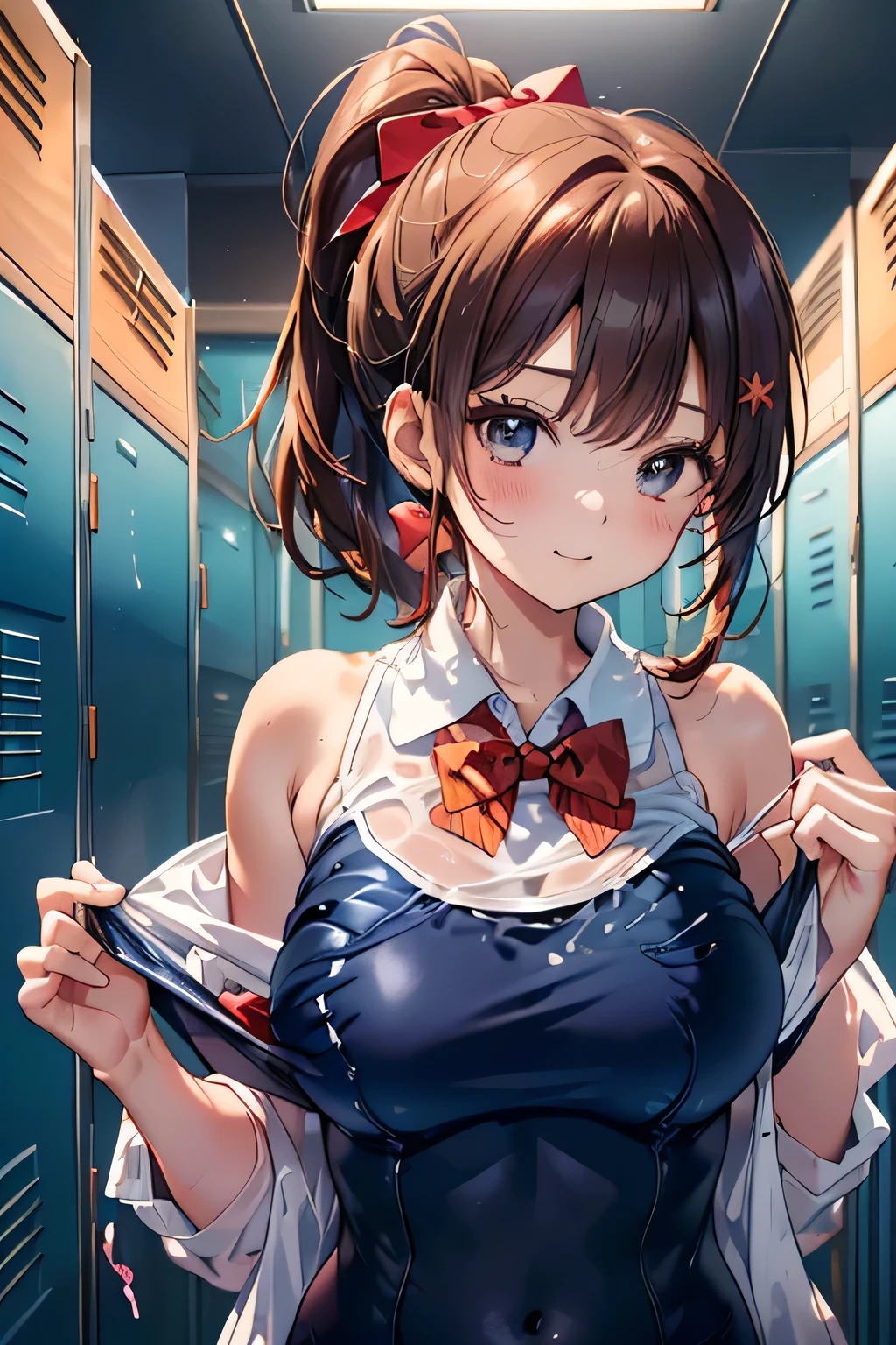 (((locker room:1.3))),(((Changing clothes in the changing room:1.3))),(((School uniforms hanging on hangers:1.3))),(((School Swimsuit:1.7)),(((Navy blue one piece swimsuit))),(Dark red bow tie:1.3),Cute face,Extreme close up of face,Shiny light brown and orange striped short hair,Messy ponytail,Cute Smile,Perfect round face,iris,(hairpin、ponytail、Floating Hair、),Large Breasts.Professional Lighting,Cinematic Light,(Tabletop,highest quality,Ultra-high resolution output images,) ,(8K quality,),(Ocean Art 2.0 Mode:1.3),(Picture Mode Ultra HD,)