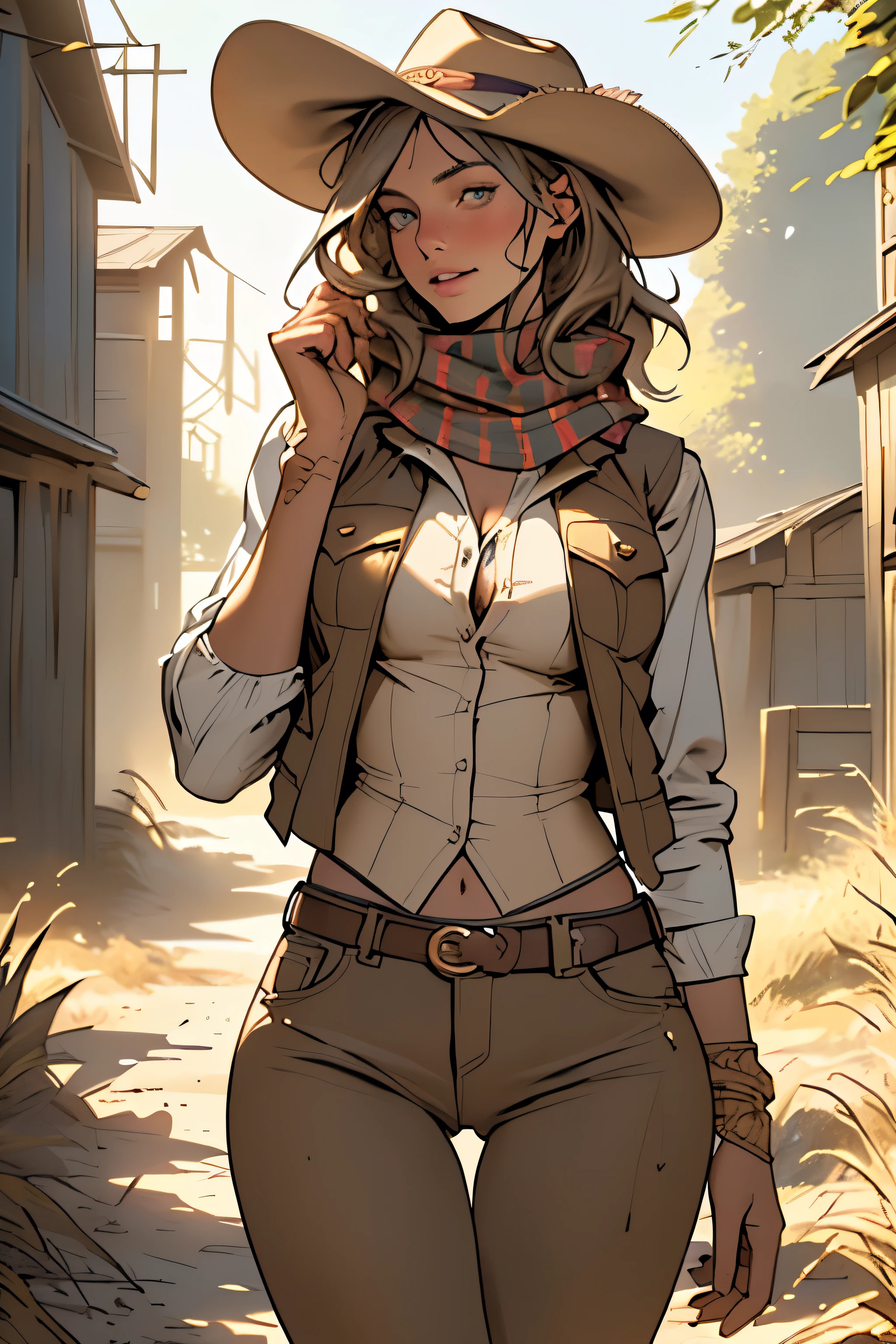 (highest quality, Super detailed, realistic:1.37), outdoor, girl, muddy, detailed and beautiful eyes, beautiful detailed lips, cowboy hat, vest with fringes, slim waist, slender thighs, thigh gap, slim thighs, show belly, pants, scarf, With confidence, medium chest, dusty farm landscape, golden hour lighting