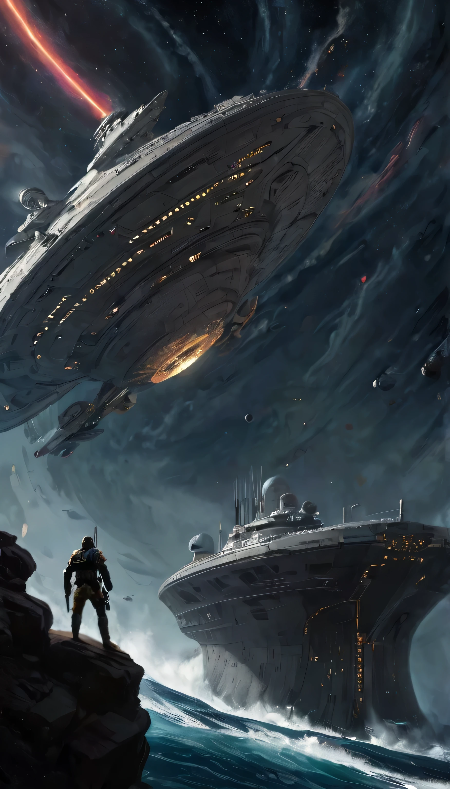 Envision a climactic moment in an intergalactic saga, where a lone, battle-scarred cruiser drifts silently against the backdrop of a swirling vortex. The remnants of a once-mighty armada float nearby, telling a tale of a fierce battle waged against an unseen adversary. Inside the cruiser’s command deck, a solemn captain stands resolute, gazing into the abyss, as holographic projections of distant worlds flicker and fade. The weight of lost comrades and the hope of a new dawn for the galaxy are etched into the captain’s determined expression, art by John Harris