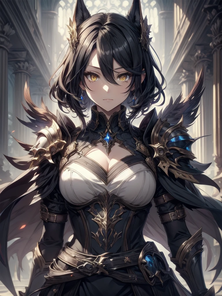 masterpiece, best quality, 1man, adult, male focus, solo, medium black hair, vibrant yellow eyes, gloves, hair between eyes, looking at viewer, cape, High quality metal texture, semi metal armor, closed mouth, black metallic gloves, upper body, bangs, high collar,(kbxll:0.6), Fantasy aesthetics, Highly detailed, shadowverse character concept, shadowverse style
