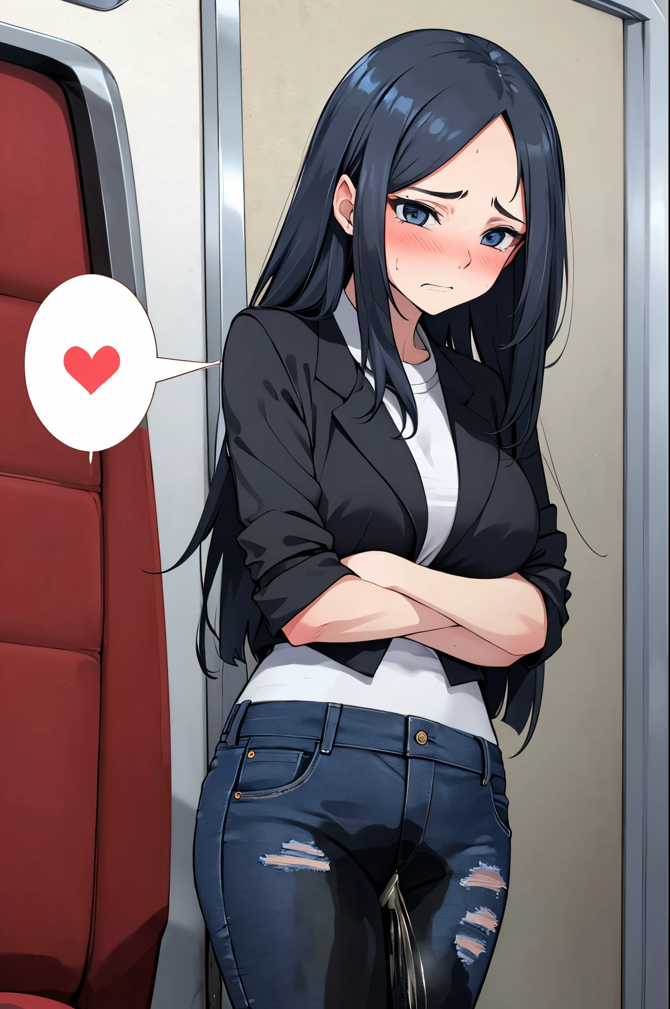 A woman with very long black hair and (very long bangs:1.5), wearing a stylish jacket and tight jeans, standing. The artwork is inspired by manga and incorporates a doujin style. The woman appears to be (wetting herself:1.5), which causes her to feel embarrassed and humiliated, resulting in a blush on her face. In addition, there is an air of anger in her expression. The lighting in the scene is moody, with a spotlight highlighting the woman's figure. She is crossing her arms, (arms crossed:1.5), fully showcasing her jeans., large breasts