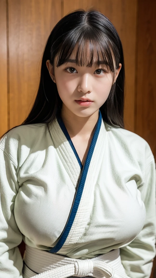 alone、high school girl、、Natural body shape、White skin、Natural Makeup、Black Hair、bangs、Straight Long Hair、、((((White judo uniform、Black belt))))、、((((Big Breasts:1.2))))、((()))、((The upper body is wearing a judo uniform))、bedroom、On the futon、(((((Looking at the camera)))))、、(((Head to waist portrait)))、Focus on the chest
