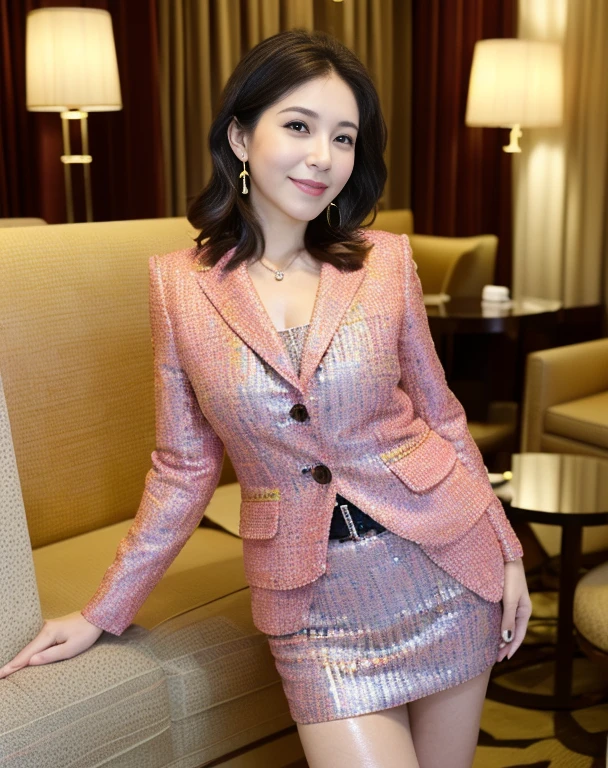 (8k, RAW Photos, highest quality, masterpiece:1.2),(Elegant pink tweed jacket),whole bodyのポートレート,(Straight long black hair),(Japanese),Female politicians,Smile,Big black eyes,Lip gloss,Necklace facing forward,(Standing upright and at attention),Stiletto heels,(D cup breasts),(Luxury hotel lounge:1.5),(whole body:1.5),(Cute face:1.3),(High heels:1.3),(big hips 1.3),(Medium thighs:1.3),(Playful eyes:1.1),(Pink lips),(Fine skin:1.3),(Accurate and perfect human anatomy:1.3),(Exquisite and perfect facial features:1.3), (Long eyelashes:1.3),(lips are shiny and、Textured:1.3),(Fine skin:1.3),(Earrings:1.3),(Beautiful fine details:1.1),(Natural color lip:1.1),(Graceful Face:1.3),Look straight at the camera:1.3