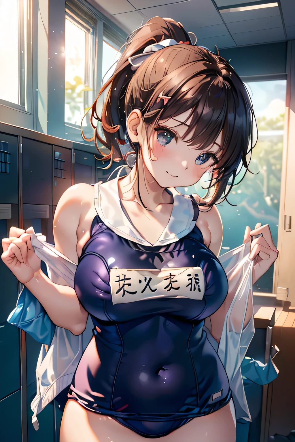 (((locker room:1.3))),(((Changing clothes in the dressing room:1.3))),(((School uniforms hanging on hangers:1.3))),(((School Swimsuit:1.7)),(((Navy blue one piece swimsuit))),(Change of clothes:1.3),Cute face,Extreme close up of face,Shiny light brown and orange striped short hair,Messy ponytail,Cute Smile,Perfect round face,iris,(hairpin、ponytail、Floating Hair、),Large Breasts.Professional Lighting,Cinematic Light,(Tabletop,highest quality,Ultra-high resolution output images,) ,(8K quality,),(Ocean Art 2.0 Mode:1.3),(Picture Mode Ultra HD,)