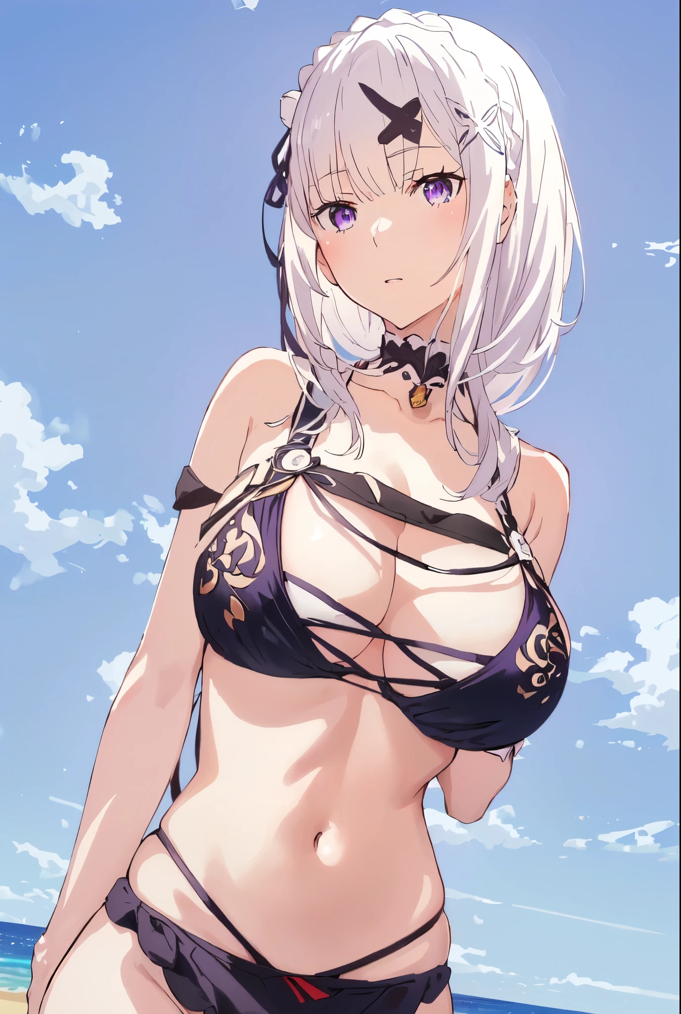 Emilia re:zero, purple eyes, Emilia, crown braid, x hair ornament, flower hair ornament, white hair, long hair, medium breasts, anime girl in a bikini posing on the beach, seductive anime girl, perfect white haired girl, attractive anime girl, 2b, 2 b, fine details. girls frontline, from girls frontline, best anime 4k konachan wallpaper, beautiful alluring anime woman, 2b nier automata, realistic bikini, white haired, beautiful anime girl, kantai collection style