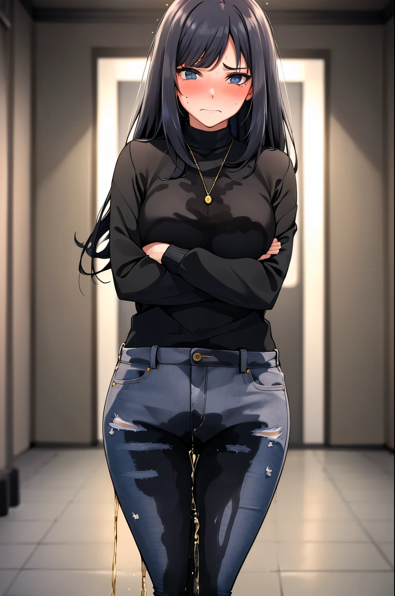 A woman with very long black hair, (very long hair:1.25) and (long bangs:1.5), wearing a stylish wool turtleneck sweater with jeans, long sleeves, (low-rise jeans:1.25), (low-cut jeans:1.25), standing. The artwork is inspired by manga and incorporates a doujin style. The woman appears to be (wetting herself:1.5), which causes her to feel embarrassed and humiliated, resulting in a blush on her face. In addition, there is an air of anger in her expression. The lighting in the scene is moody, with a spotlight highlighting the woman's figure, Her arms are crossed (crossing arms:1.5), showcasing a very large pee stain that covers almost the entire front of her jeans., large breasts, skinny