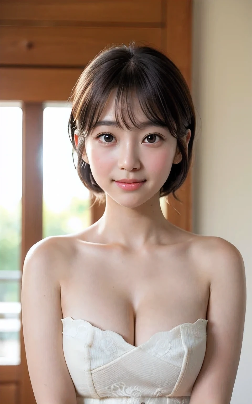masutepiece, Best Quality, 8K, 1girl in, Raw photo, Professional Photography, Portrait, Soft light, Professional Lighting, Smile, Cute, Girly, Delicate girl, Neat and clean beauty, Looking away, Sophisticated, Film grain, (Eyes and faces with detailed:1.0), extreme close - up, Smile, Bangs,