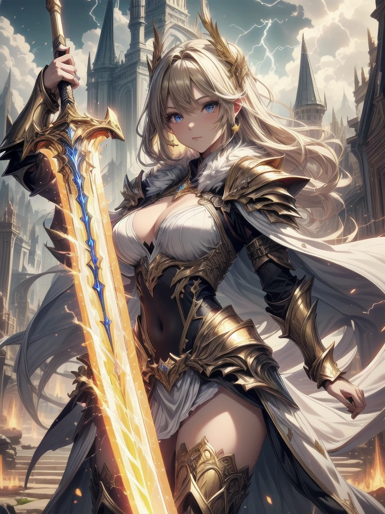 super realistic image, high quality uhd 8K, of (1 god girl, Hilyn), detailed realistic ((athletic body, high detailed)), ((tall model)), (skinny waist), ((beautiful bright blonde long hair)), ((no beard)), high detailed realistic skin, (((powerful and fantastic full armor, divine golden fantasy armor))), (((casting lightning magic spells with great golden fantasy sword))), ((white fur cape)), ((magical hearts of light)), (in guardian position, in the valhalla), real vivid colors, standing