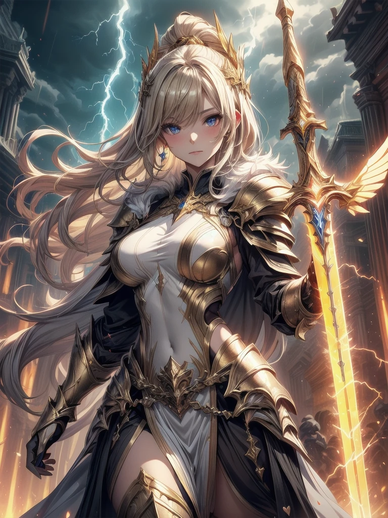 super realistic image, high quality uhd 8K, of (1 god girl, Hilyn), detailed realistic ((athletic body, high detailed)), ((tall model)), (skinny waist), ((beautiful bright blonde long hair)), ((no beard)), high detailed realistic skin, (((powerful and fantastic full armor, divine golden fantasy armor))), (((casting lightning magic spells with great golden fantasy sword))), ((white fur cape)), ((magical hearts of light)), (in guardian position, in the valhalla), real vivid colors, standing