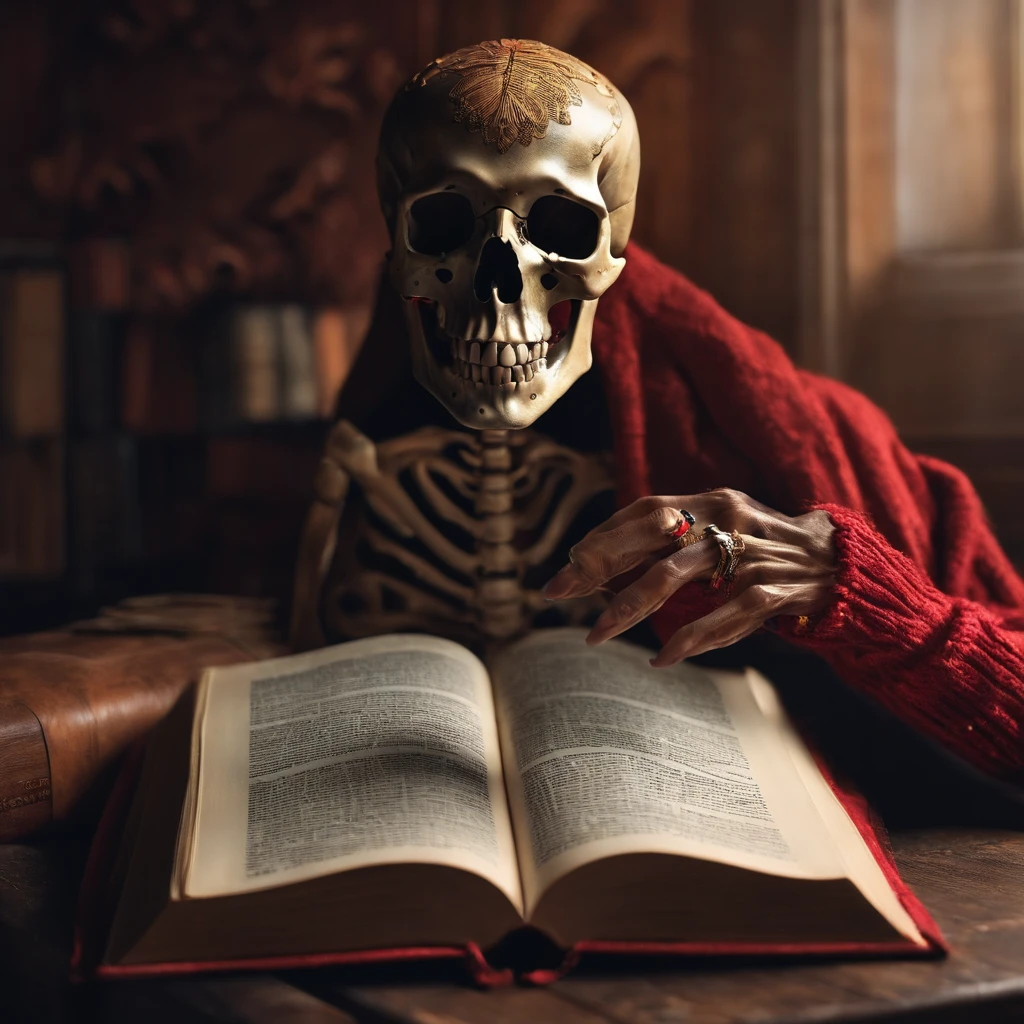 Mano de esqueleto sosteniendo un libro