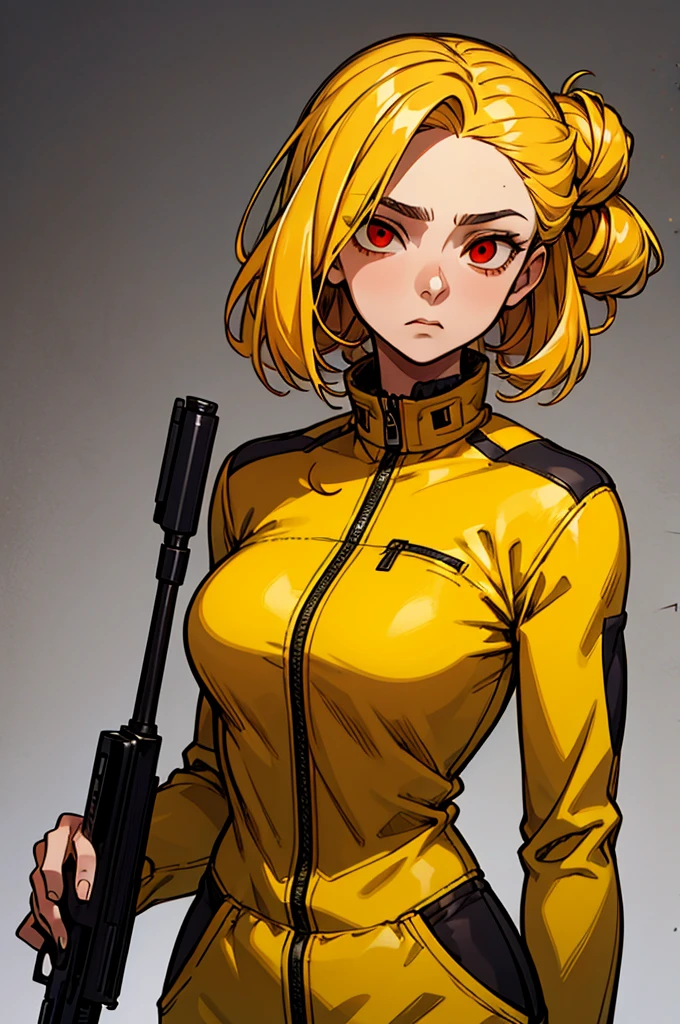 masterpiece, highest quality, Pistol, Put a gun to your head, Possession of a gun, Upper Body, One girl, alone, Dead in my heart, Expressionless, Expressionless, Hollow Eyes, Expressionless, indifferent, Red eyes, Wedge updo and hair intake, Yellow Hair, tasuki, short jumpsuit, Bandeau,