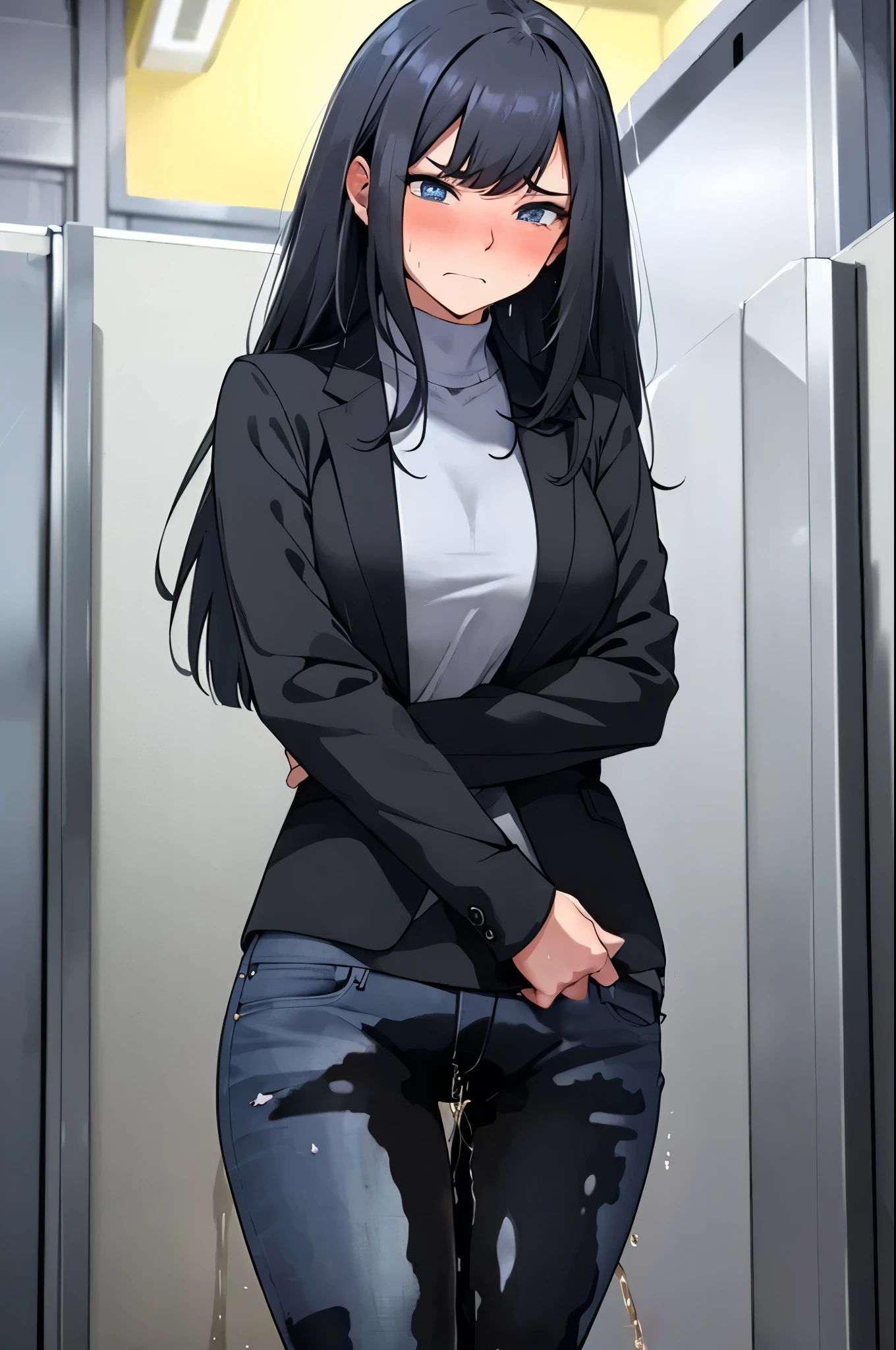 A woman with very long black hair and (very long bangs:1.5), wearing a stylish jacket and tight jeans, standing. The artwork is inspired by manga and incorporates a doujin style. The woman appears to be (wetting herself:1.5), which causes her to feel embarrassed and humiliated, resulting in a blush on her face. In addition, there is an air of anger in her expression. The lighting in the scene is moody, with a spotlight highlighting the woman's figure. She is crossing her arms, (arms crossed:1.5), fully showcasing her jeans., large breasts