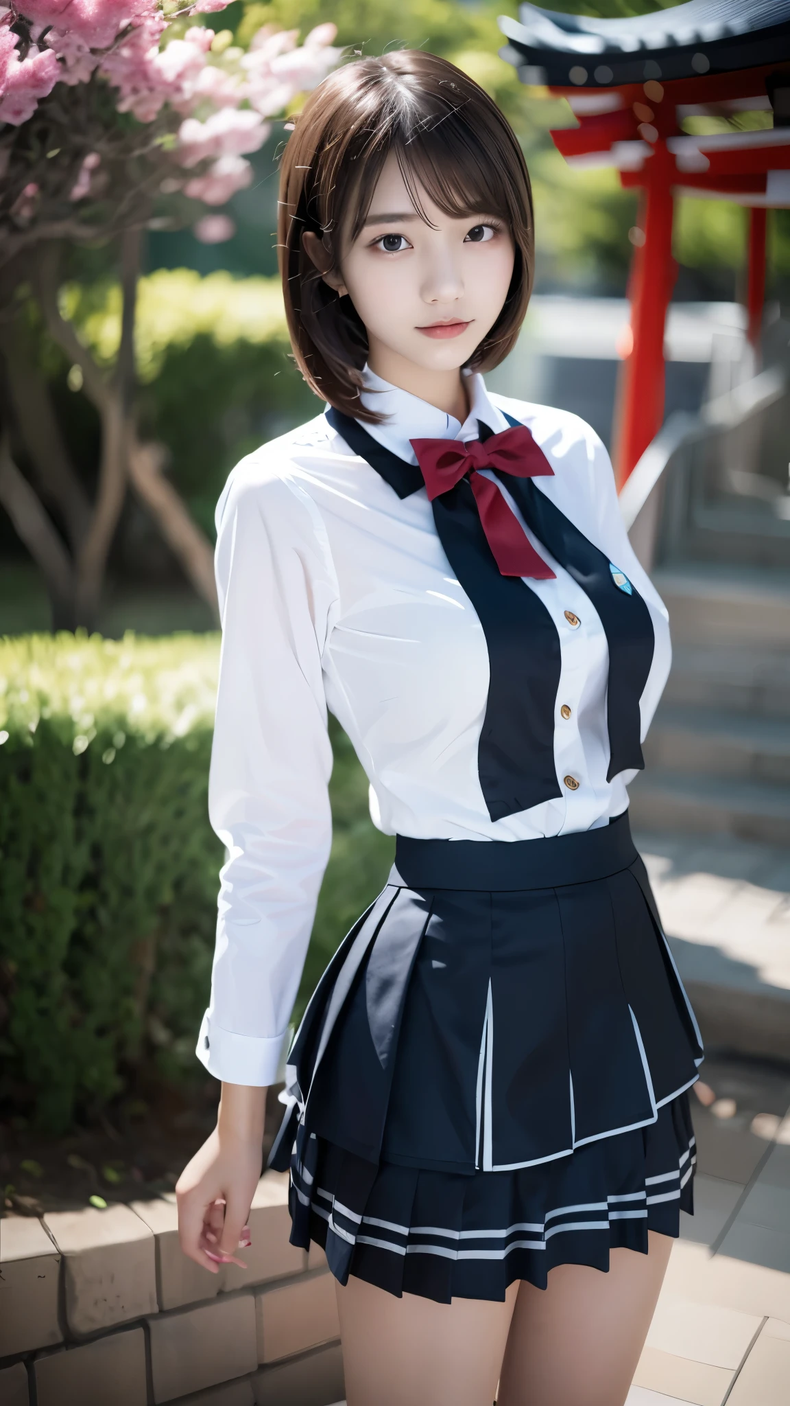 ( girl: 1.0), (Japanese, 15 yea, 1 girl, large breast:1.2, slim waist:1.3, ((Detailed: 1.4)), 3D, ((Beautiful uniform and mini skirt: 1.3)), (High dynamic range: 1.2), ray tracing: 1.0, NVIDIA RTX: 1.1, Super resolution: 1.0, Unreal 5: 1.1, Scattered beneath the surface: 1.1, (PBR texturing: 1.2), post processing: 1.0, Anis