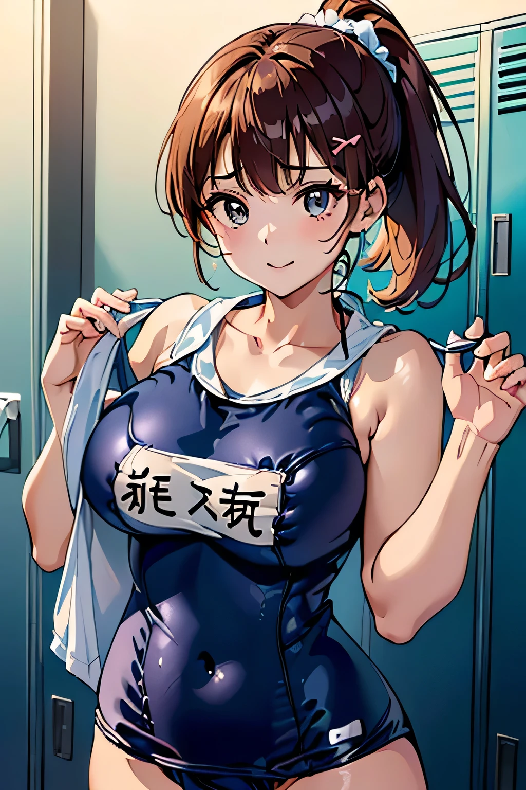 (((locker room:1.3))),(((Changing clothes in the dressing room:1.3))),(((School uniforms hanging on hangers:1.3))),(((School Swimsuit:1.7)),(((Navy blue one piece swimsuit))),(Change of clothes:1.3),Cute face,Extreme close up of face,Shiny light brown and orange striped short hair,Messy ponytail,Cute Smile,Perfect round face,iris,(hairpin、ponytail、Floating Hair、),Large Breasts.Professional Lighting,Cinematic Light,(Tabletop,highest quality,Ultra-high resolution output images,) ,(8K quality,),(Ocean Art 2.0 Mode:1.3),(Picture Mode Ultra HD,)
