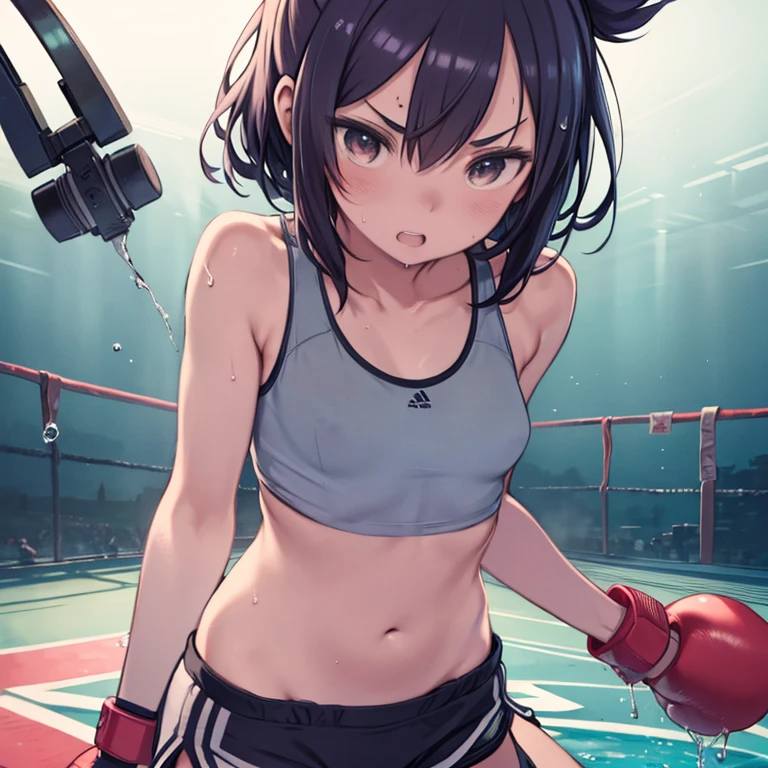 masterpiece、highest quality、High resolution、Very detailed、Medium wide shot、Girl、Tank top、Shorts、belly button、boxingグローブ、boxer、boxing、Fighting、boxingリング、V-shaped eyebrows、teeth、Sweating profusely、Splattering water droplets、