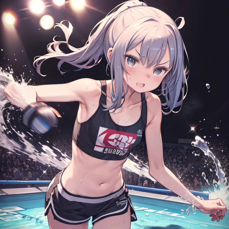masterpiece、highest quality、High resolution、Very detailed、Medium wide shot、Girl、Tank top、Shorts、belly button、boxingグローブ、boxer、boxing、Fighting、boxingリング、V-shaped eyebrows、teeth、Sweating profusely、Splattering water droplets、
