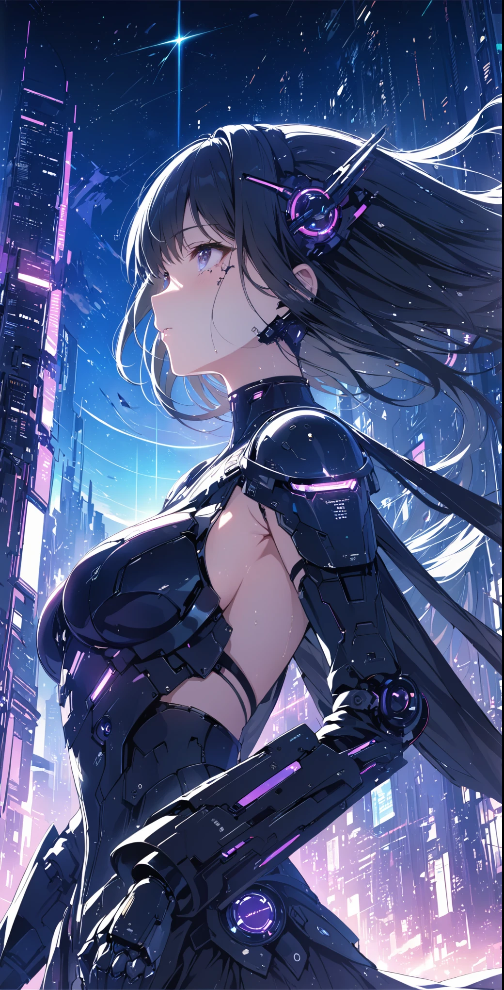 best quality ,masterpiece, number, Very delicate and beautiful, Very detailed ,CG ,Unite ,8k wallpaper, wonderful, Finely, masterpiece,best quality,official art,Very detailed CG Unite 8k wallpaper,Disorganized, incredibly Disorganized, Ultra Detailed, high resolution, Very detailed,Beautiful and meticulous girl,The light shines on your face, 1 girl, Mecha, armor, Mechanical_Body, Black Hair, spacecraft, City, Cyberpunk, Star_Invalid,